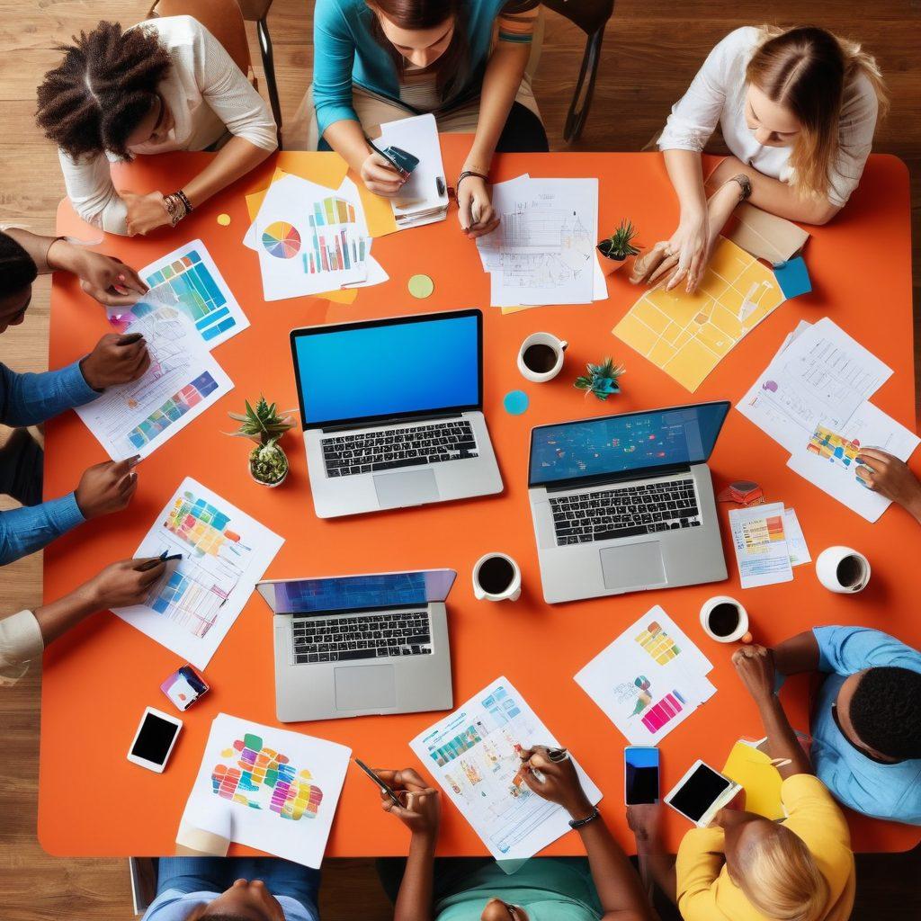 A diverse group of bloggers enthusiastically collaborating at a round table, sharing ideas and exchanging business cards amidst colorful charts and laptops. The atmosphere is vibrant and inviting, symbolizing community and growth. Include elements like social media icons and a digital map showing connections. super-realistic. vibrant colors. modern style.