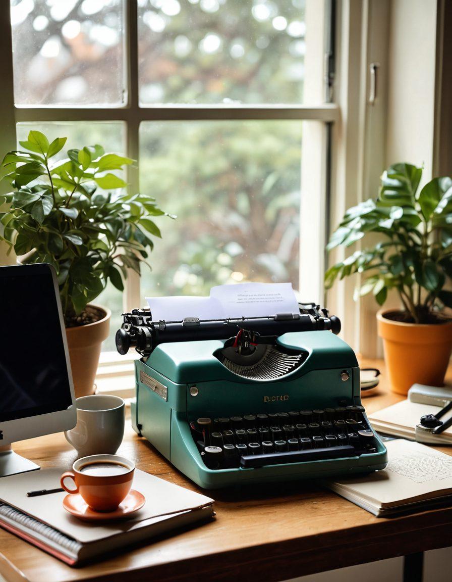 A serene workspace featuring a vintage typewriter, surrounded by colorful notebooks, a steaming cup of coffee, and a laptop displaying an engaging blog interface. The background shows a cozy bookshelf filled with inspirational books and plants, symbolizing growth and creativity. Soft natural light streaming through a window adds a warm ambiance. artistic illustration. vibrant colors. cozy atmosphere.