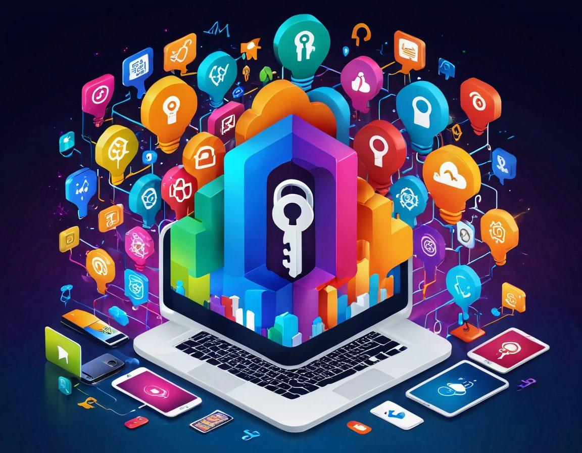 A vibrant illustration of a key unlocking an oversized blog icon, surrounded by various digital tools like laptops, smartphones, and social media icons. The background features a colorful city skyline representing the blogosphere bursting with ideas and creativity. Include elements such as light bulbs and upward arrows symbolizing growth and strategies. digital art. vibrant colors. 3D.